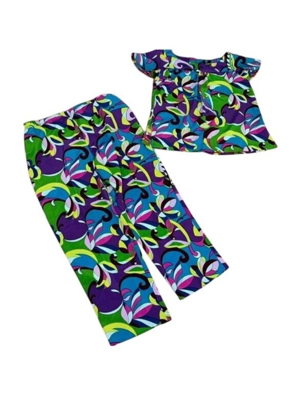 Colorful Womens 2-Piece Outfit With Abstract Print - Short-Sleeve Top & Elastic